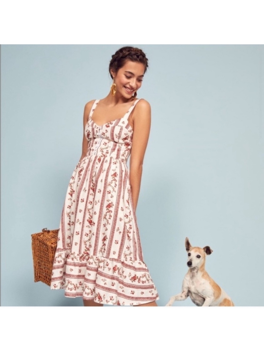 Reformation White and Red Floral Stripe Linen Midi Dress - Picture 4 of 7